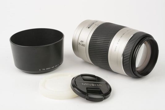 Minolta AF 75-300mm F4.5-5.6D Macro Zoom Lens, caps, hood, nice & clean