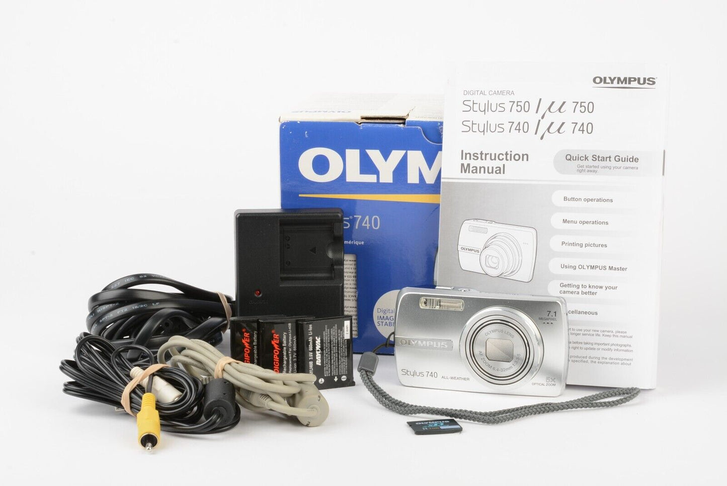 MINT- OLYMPUS 740 AW 7.1MP DIGITAL CAMERA, BOXED, 3BATTS=CHARGER+CABLES+1GB XD