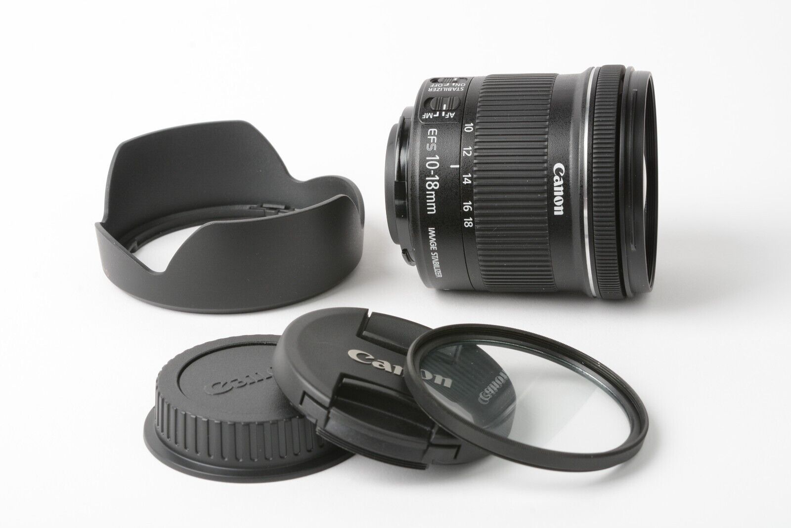 MINT- CANON EF-S 10-18mm f4.5-5.6 IS STM ZOOM, CAPS, HOOD + UV CLEAN,  VERSATILE