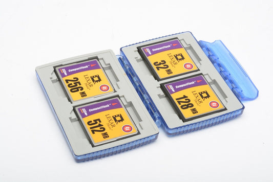 EXC++ SET OF 4 LEXAR CF CARDS IN WEATHERPROOF CASE (32, 128, 256, 512MB), CLEAN