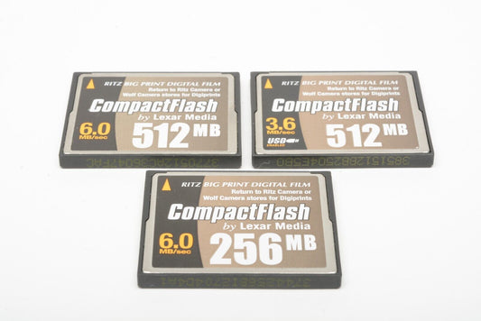 Set of 3 Ritz (Lexar) CF Cards in wallet 2X 512MB, 1X 256MB