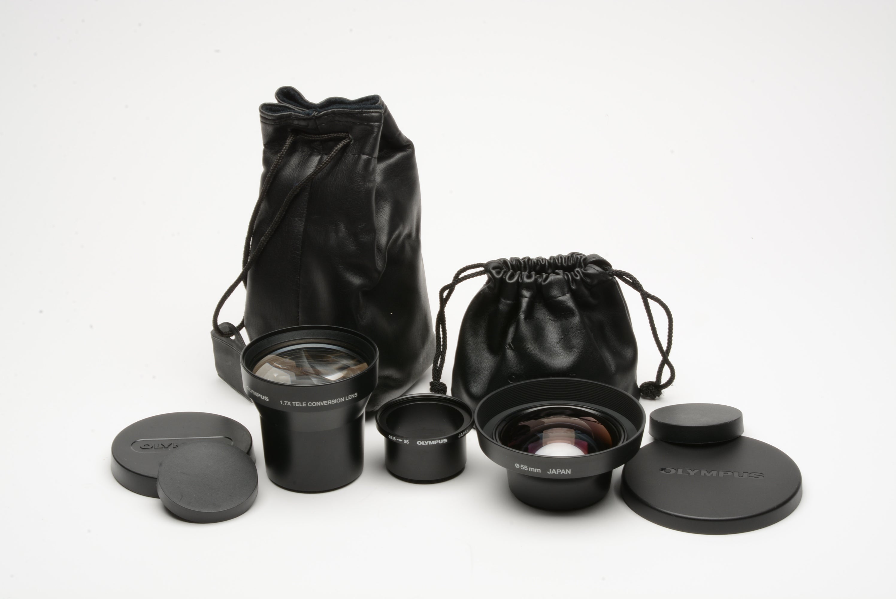 Set of 2 Olympus .7X and 1.7X Conversion lenses, 55mm diameter,  caps+pouches+adapter