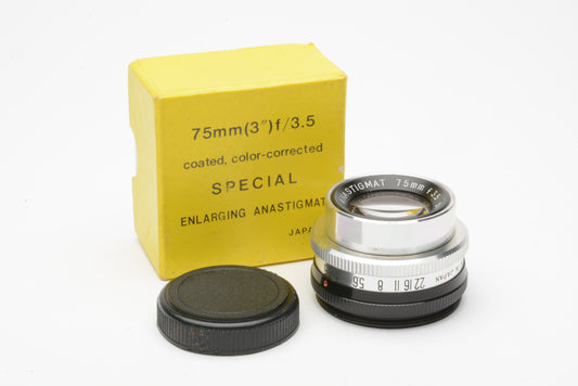 75mm f3.5 Enlarging lens for darkroom enlargers 3", cap, very clean (M39 mount)