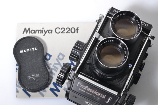 Mamiya C220 Pro F 6x6 TLR Body w/135mm F4.5 Blue dot lens, UV, cap, tested, Nice!