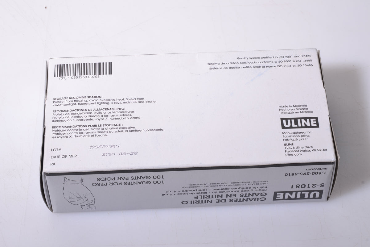Uline Black Exam grade Nitrile Gloves - Powder-Free, 4 Mil, Small S-21081 x100