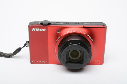 Nikon Coolpix S8000 14.2MP Digital Point&Shoot (Red) +8GB SD, batt+charger, Mint-