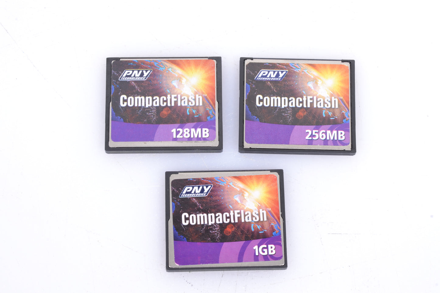 3x PNY CF Compact Flash Cards 128MB 256MB & 1GB in Pouch