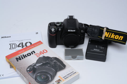 Nikon D40 DSLR body, batt+charger+book, ONLY 2421 Acts!! Mint-