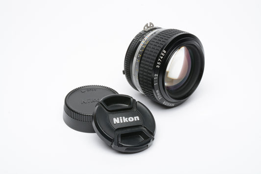 Nikon Nikkor MF 50mm f1.2 AIS lens, caps, vey clean, sharp, Mint-