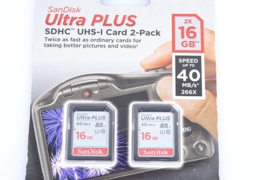 2x SanDisk Ultra Plus 16gb SD Cards, New in Blister Pack