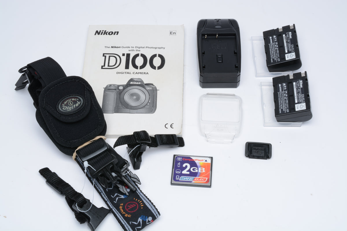 Nikon D100 DSLR w/ MB-D100 Grip, 2x Batts, Manual, Charger, 2GB CF, Strap++