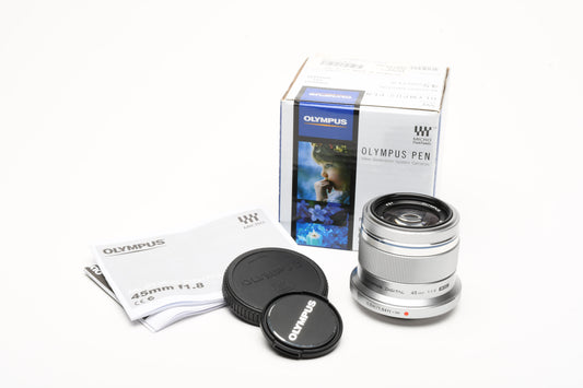Olympus M. Zuiko Digital 45mm f1.8 MSC Micro 4/3 lens, Mint-, Boxed