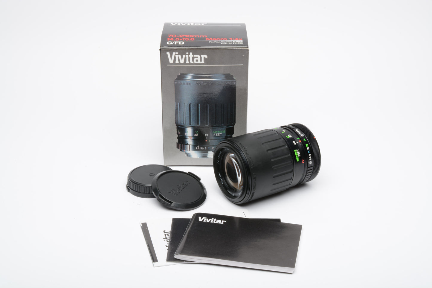 Vivitar MF 70-210mm f4.5-5.6 macro zoom lens for Canon FD mount, caps Boxed