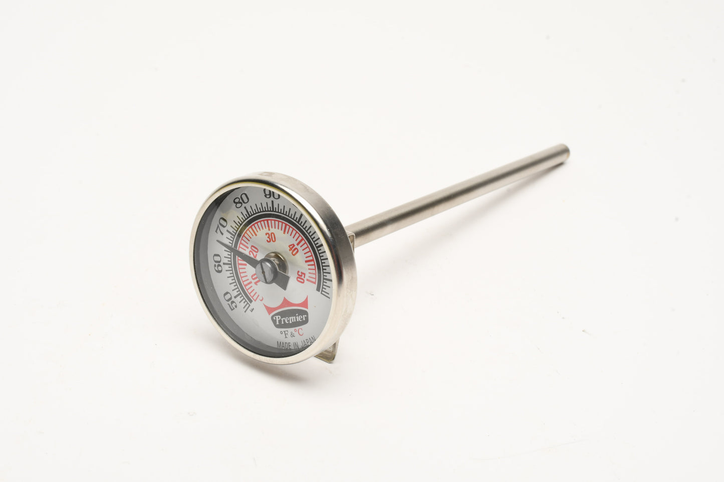 1.5" Premier Dial thermometer w/5.5" post + tray clip 50-`20 degrees F