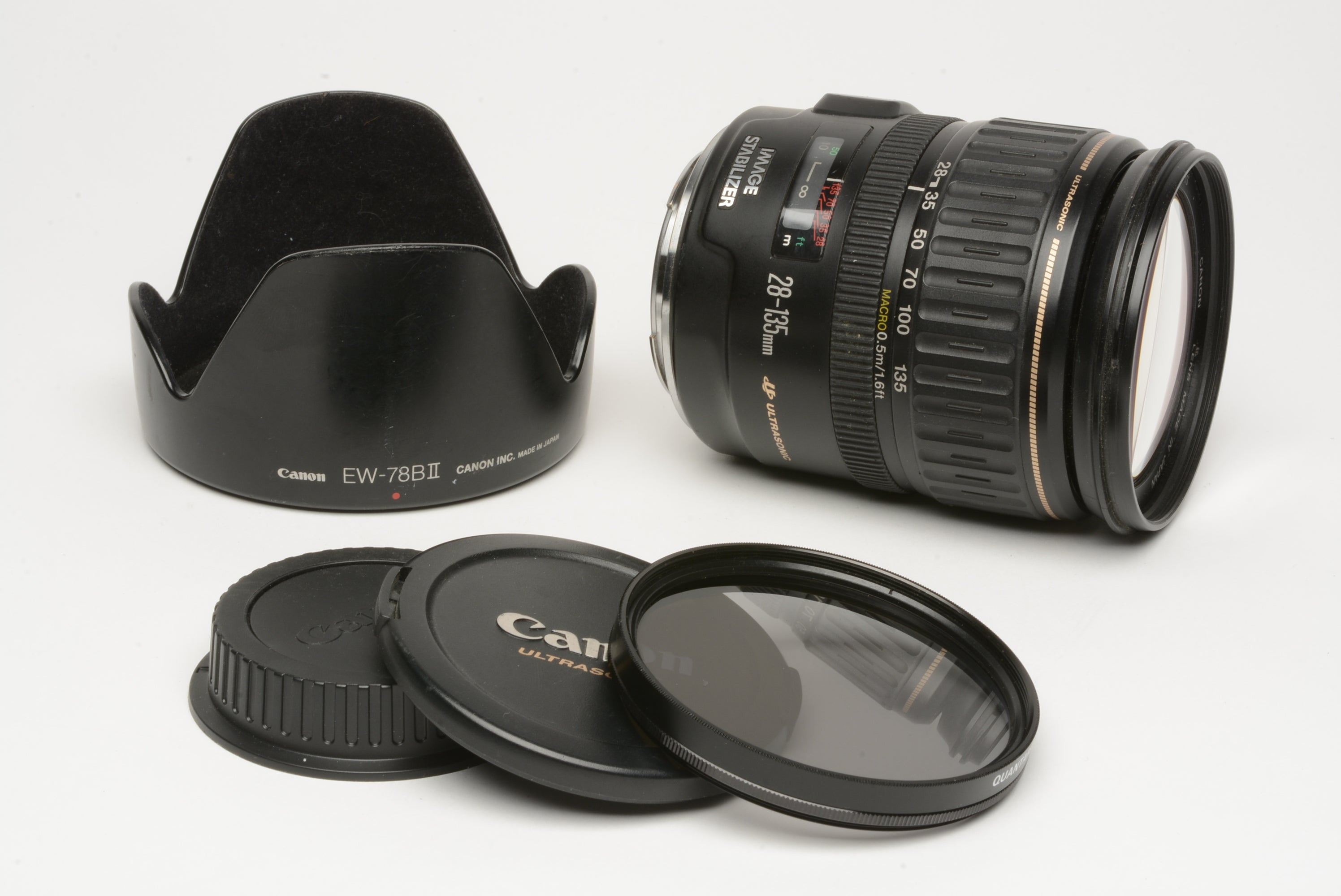 Canon EF 28-135mm f3.5-5.6 IS zoom lens, caps + Pola filter, +EW-78BII lens  hood
