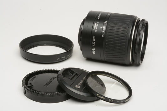 Minolta AF 18-70mm DT f3.5-5.6 D Macro zoom lens, caps, hood, UV, nice & clean