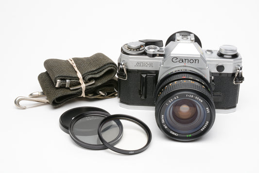 Canon AE-1 35mm SLR w/28-50mm f3.5-4.5 zoom lens, tested, very clean! +Pola+ UV