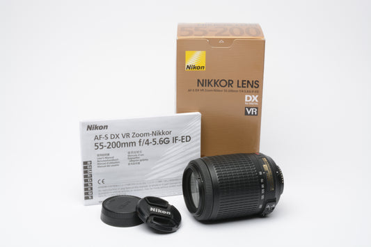 Nikon AFS Nikkor 55-200mm F4-5.6G IF ED DX VR zoom lens, caps