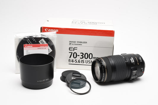 Canon EF 70-300mm f4-5.6 IS USM zoom lens, Caps, Hood, UV, Boxed