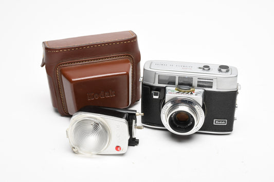 Kodak Automatic 35 camera, case, flash, Display, Vintage
