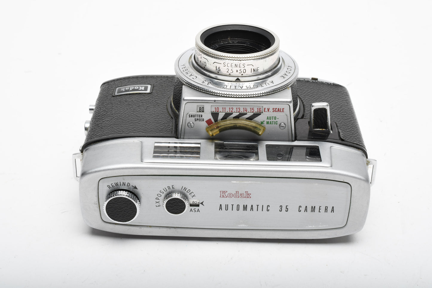 Kodak Automatic 35 camera, case, flash, Display, Vintage
