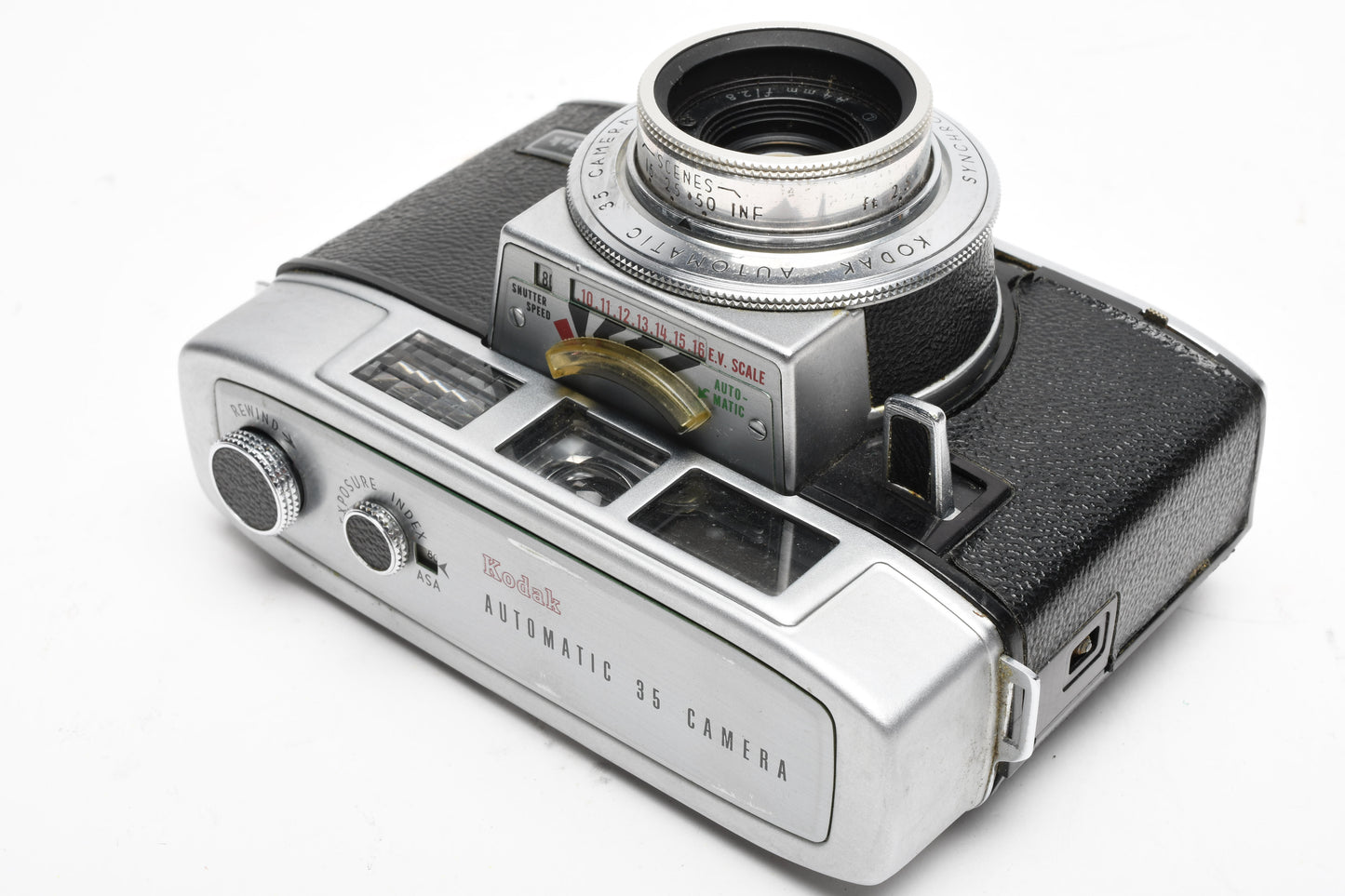 Kodak Automatic 35 camera, case, flash, Display, Vintage
