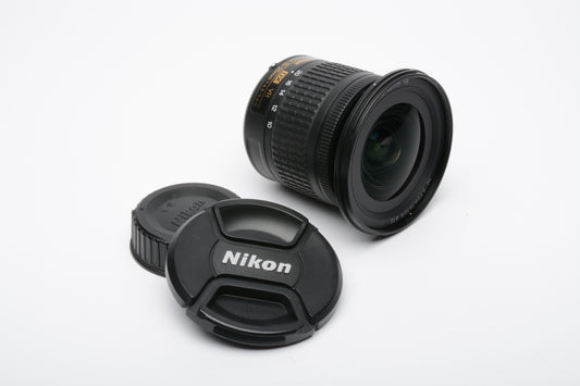 Nikon AF-P Nikkor 10-20mm f4.5-5.6G DX VR zoom lens, caps, very clean