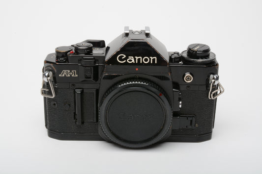 Canon A-1 35mm SLR Camera Body Only, New Seals! strap, cap, good