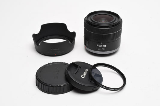 Canon RF 24-50mm f4.5-6.3 IS STM Compact zoom, Hood+UV, Good!
