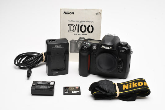 Nikon D100 6.1MP DSLR Body, batt, charger, manual, strap, CF, tested