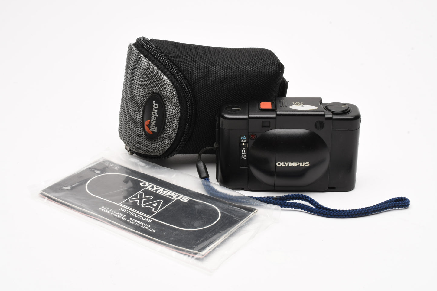 Olympus XA 35mm compact camera w/35mm f2.8 lens, strap, new seals, case