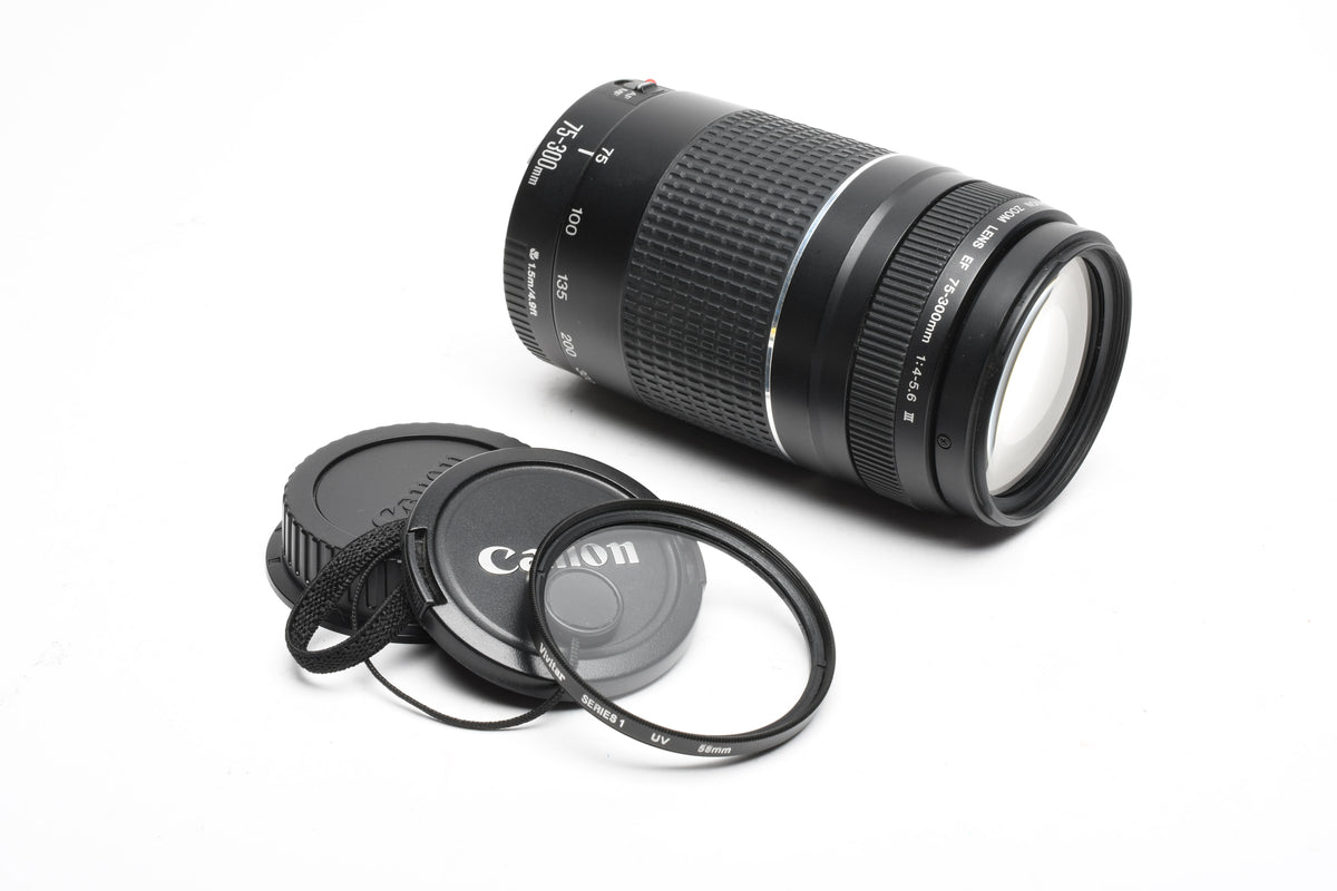 Canon EF 75-300mm f4-5.6 III Telephoto zoom, caps + UV, Kepper