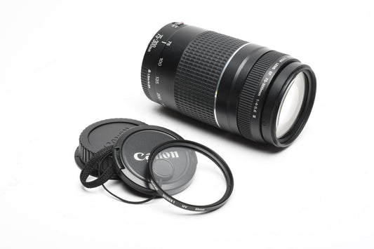 Canon EF 75-300mm f4-5.6 III Telephoto zoom, caps + UV, Kepper