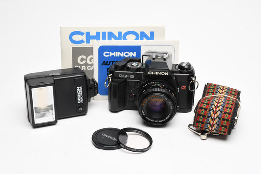 Chinon CG-5 35mm SLR w/50mm f1.9, Sky, strap, UV, + S-250 Flash, Great! Tested