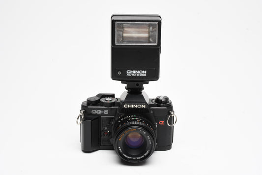 Chinon CG-5 35mm SLR w/50mm f1.9, Sky, strap, UV, + S-250 Flash, Great! Tested