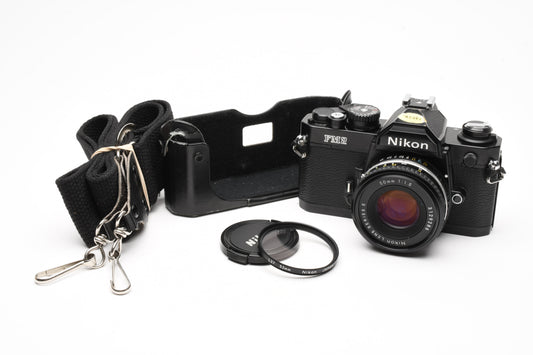 Nikon FM2 N Black 35mm SLR Body w/Nikon 50mm f1.8 Series E AI lens, new seals