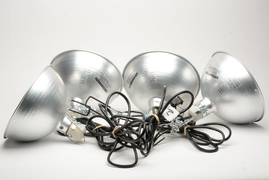 Set of 4 10.5" Studio Reflectors w/300W bulbs, ceramic clamps, tested, work great