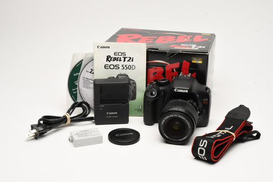 Canon Rebel T2i DSLR w/EF-S 18-55mm f3.5-5.6 IS, 1747 Acts, Boxed, Great!