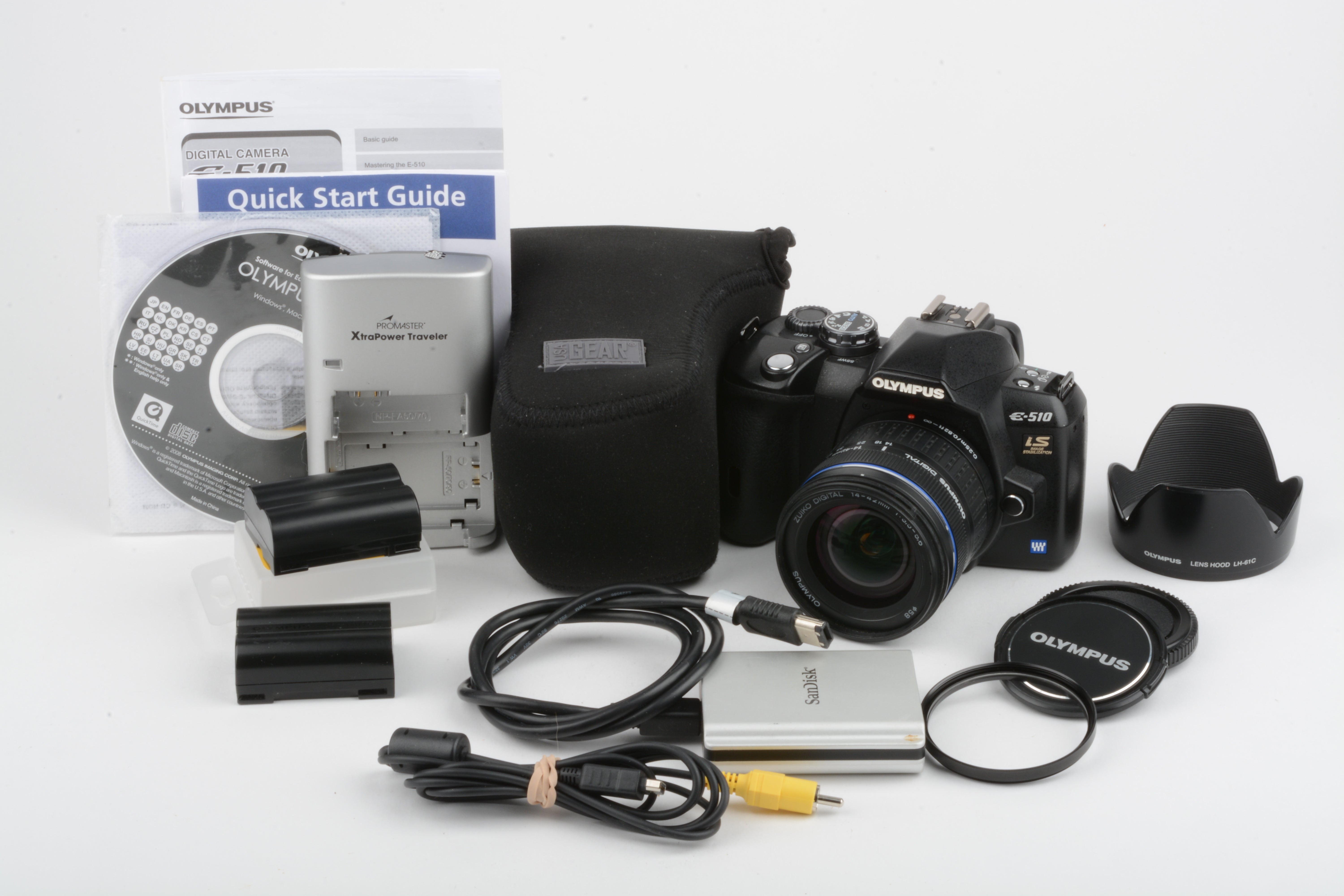 Olympus E-510 IS DSLR w/14-42mm f3.5-5.6 ED zoom lens, 2batts, charger,  manuals+