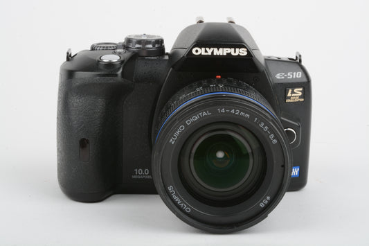 Olympus E-510 IS DSLR w/14-42mm f3.5-5.6 ED zoom lens, 2batts, charger, manuals+