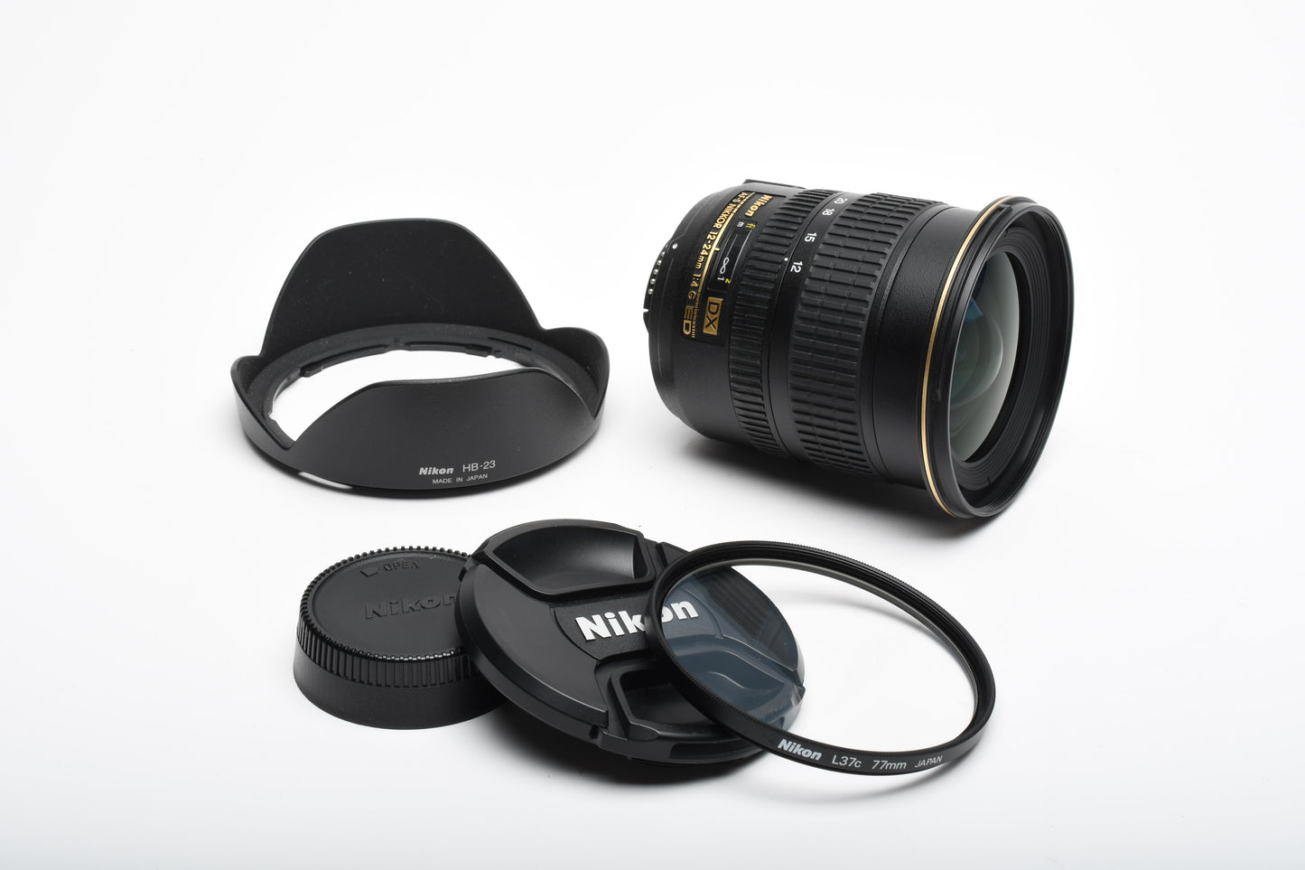 Nikon AF-S Nikkor 12-24mm f4G ED DX w/Caps, Hood, L37c, Nice