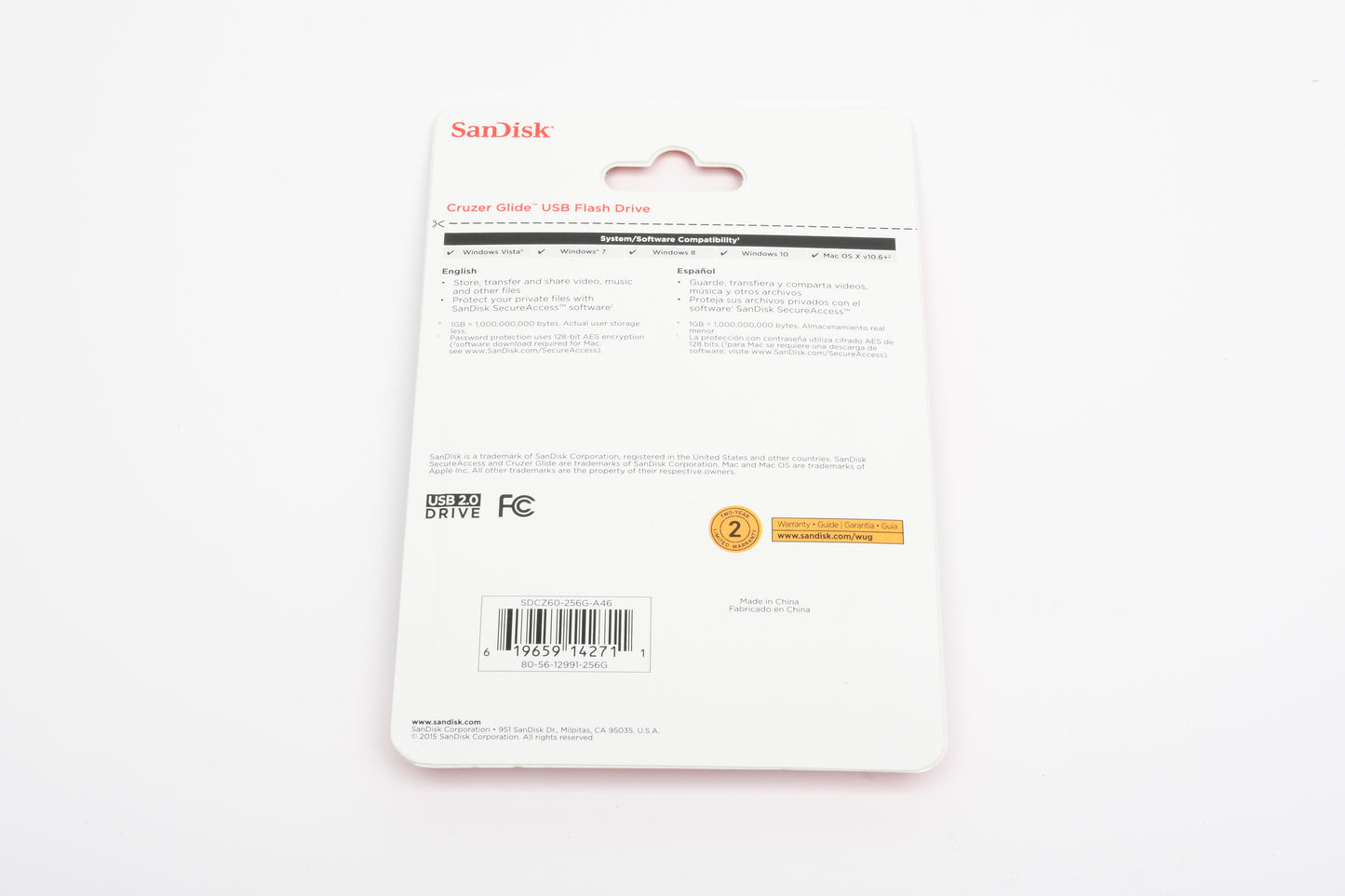 SanDisk 256GB USB 2.0/3.0 Flash Drive, New in Blister Pack