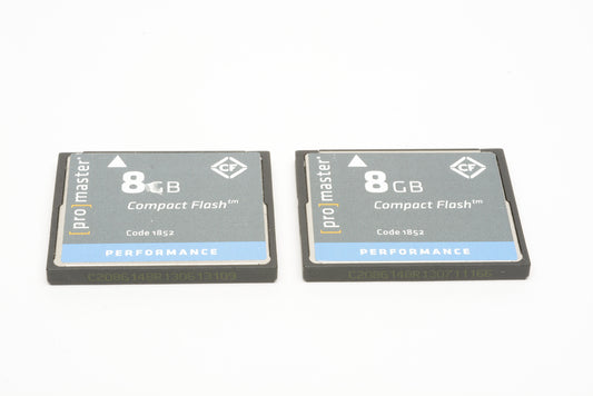 Set of 2X Promaster #1852 8GB CF cards in pouch, formatted, great