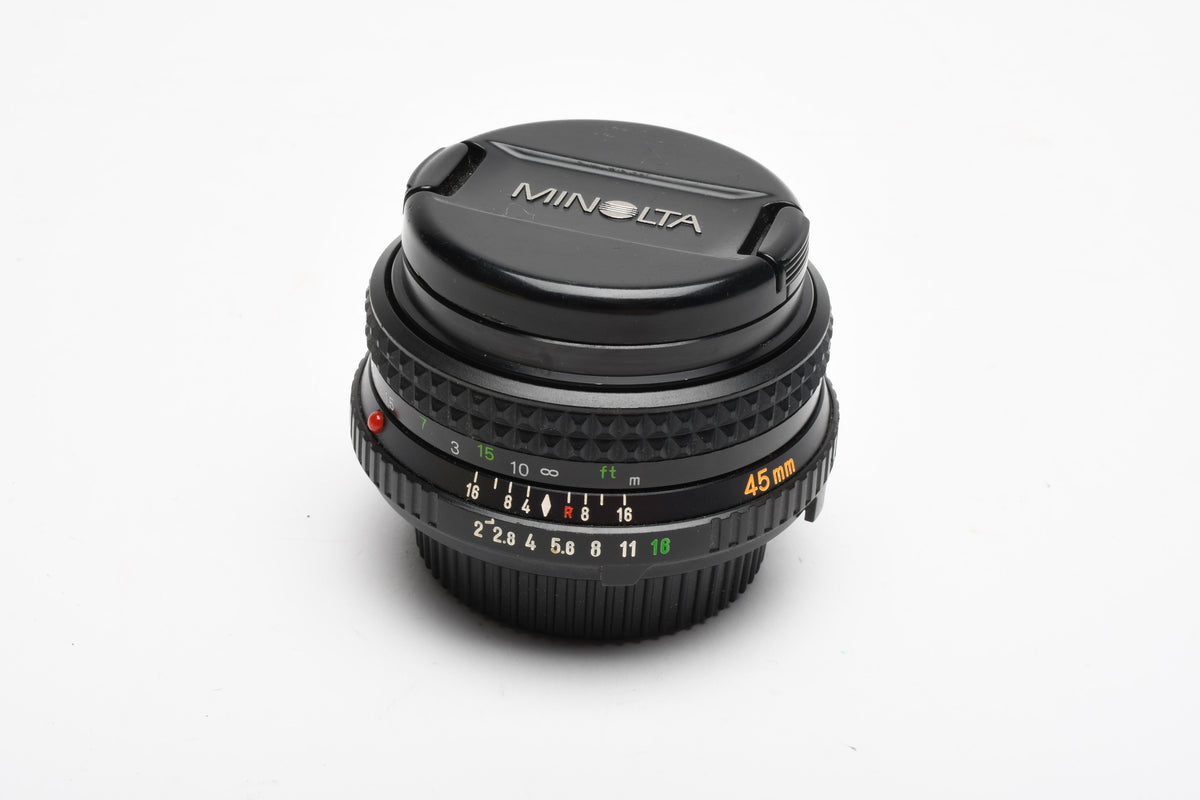 Minolta MD Rokkor-X 45mm f2 Pancake lens, lens caps, clean and sharp