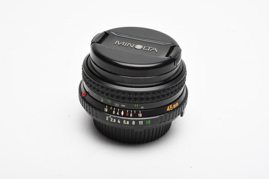Minolta MD Rokkor-X 45mm f2 Pancake lens, lens caps, clean and sharp