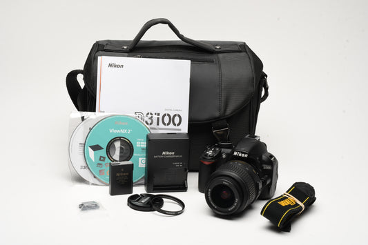 Nikon D3100 DSLR w/Nikkor AFS 18-55mm f3.5-5.6G VR, batt+charger+case 2K Acts!