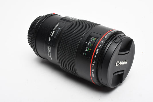 Canon EF 100mm f2.8L IS Macro USM lens, caps, very sharp, Mint-