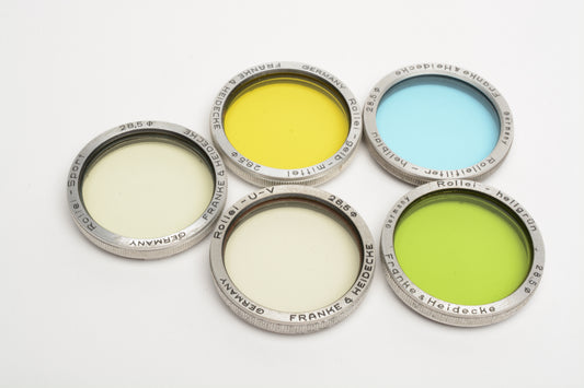Set of 9 28.5mm filters Rollei Hellgrun, UV, Sport, Gelb, Hellblau + Close-ups