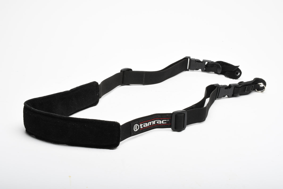 Tamrac N45 black leather foam padded quality camera strap, Clean! Quality w/QR
