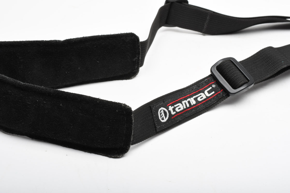 Tamrac N45 black leather foam padded quality camera strap, Clean! Quality w/QR